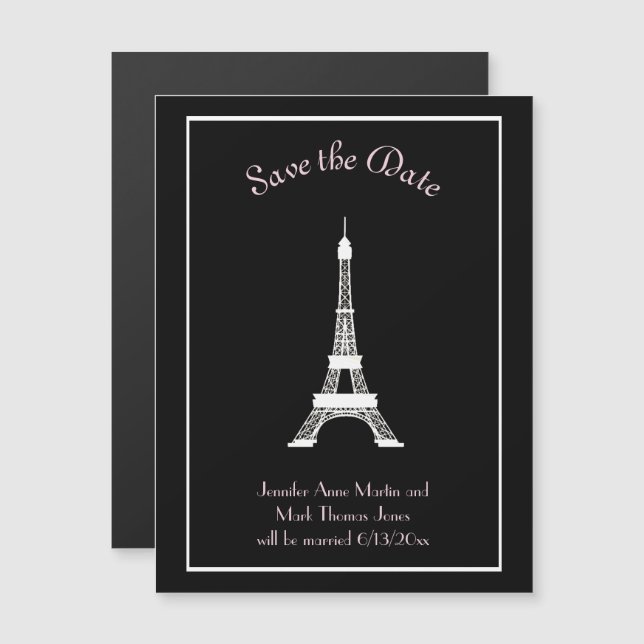 Black White Pink French Eiffel Tower Save the Date Magnetic Invitation (Front/Back)