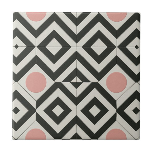Black White Pink Geometric Pattern Tile (Front)