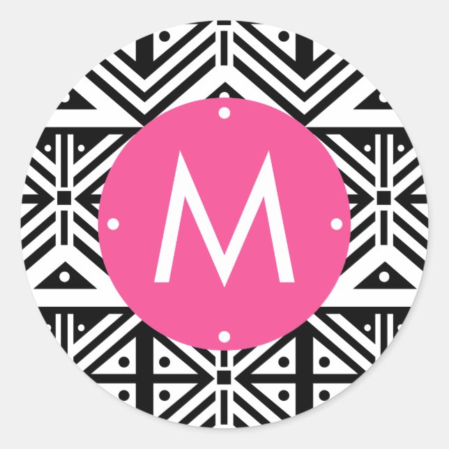 Black White Pink Geometric Tribal Pattern Monogram Classic Round Sticker (Front)