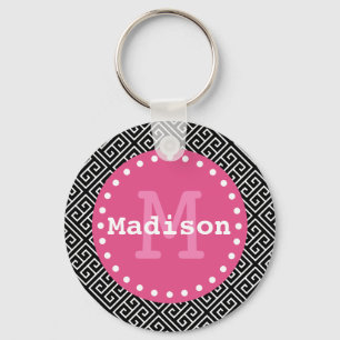 Black White Pink Greek Key Monogram Keychain