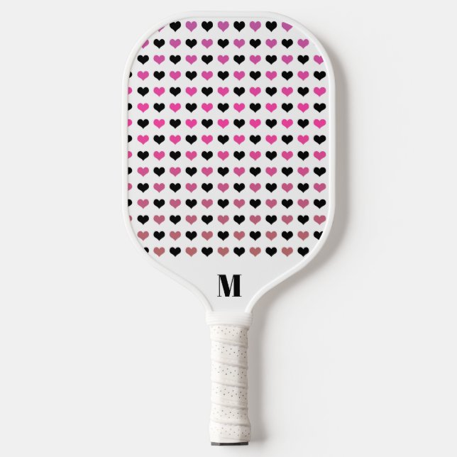 Black White Pink Hearts Pattern | Modern Monogram Pickleball Paddle (Front)