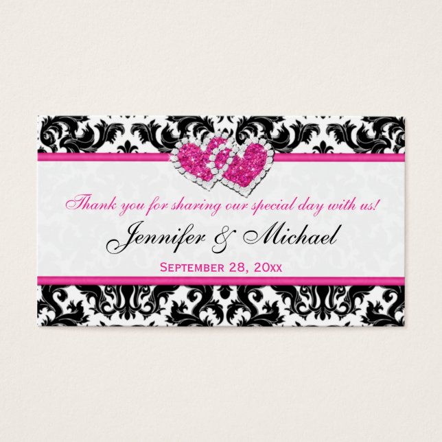 Black, White, Pink Joined Hearts Damask Favour Tag (Front)