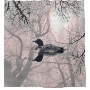 Black  white pink loon on a lake Shower Curtain