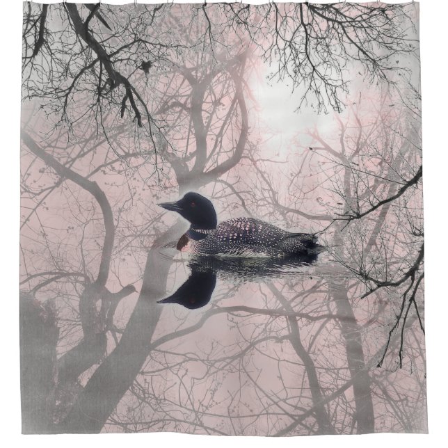 Black  white pink loon on a lake Shower Curtain (Front)