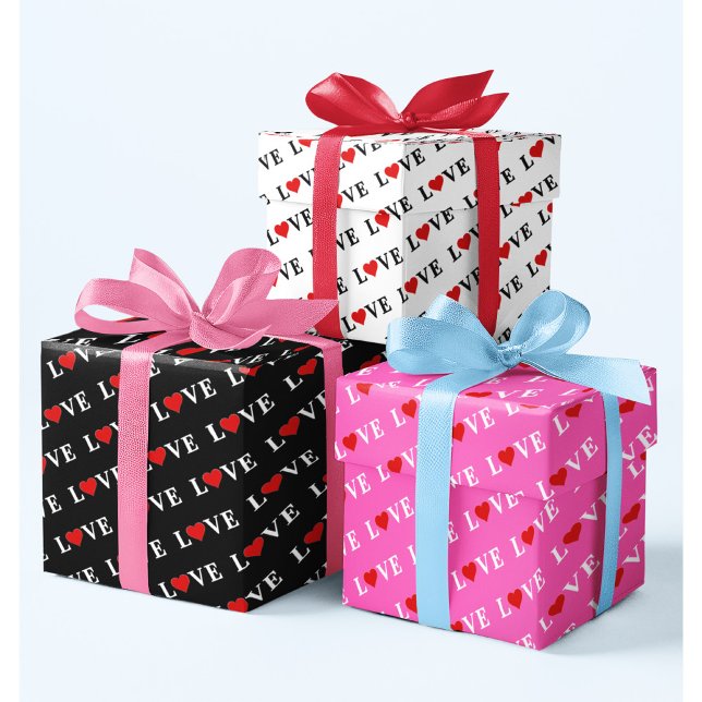 Black White Pink LOVE Patterns Minimalist Elegant Wrapping Paper Sheet (Creator Uploaded)
