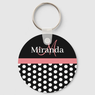 Black White Pink Monogram Polka Dot Keychain