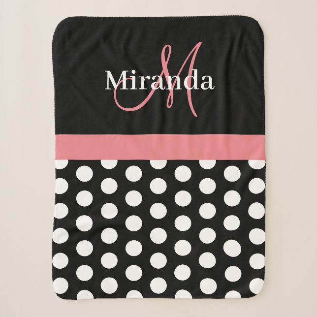 Black White Pink Monogram Polka Dot Sherpa Blanket (Front)