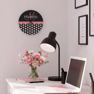 Black White Pink Monogram Polka Dot Watch Round Clock