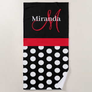 Black White Pink Monogram Script Polka Dot Beach Towel