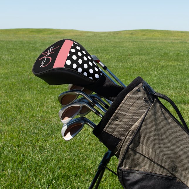 Black White Pink Monogram Script Polka Dot Golf He Head Cover (In Situ)