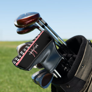 Black White Pink Monogram Script Polka Dot Golf Head Cover