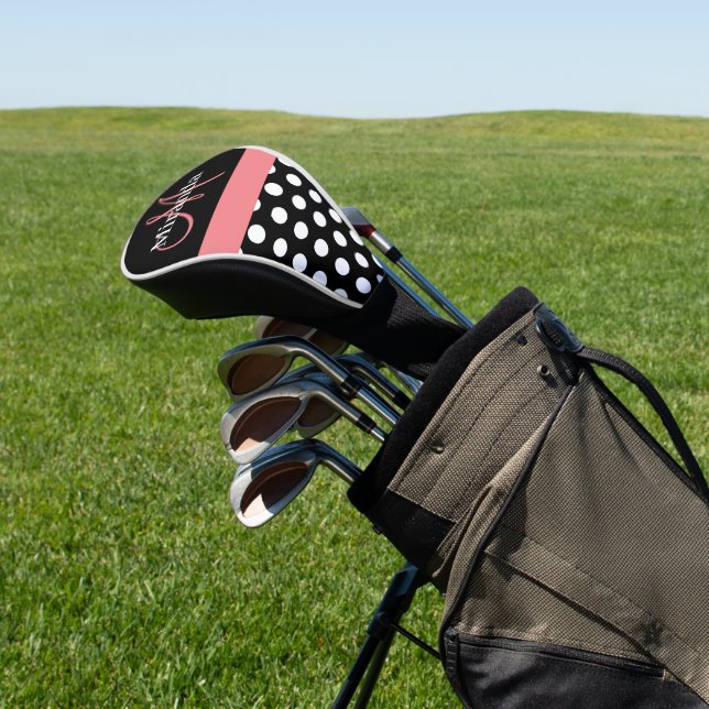 Black White Pink Monogram Script Polka Dot Golf Head Cover (In Situ)