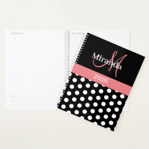 Black White Pink Monogram Script Polka Dot Planner