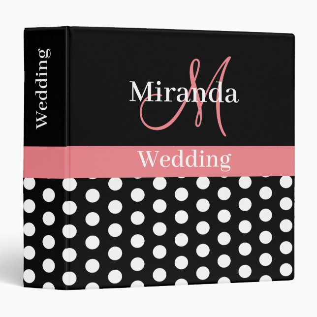Black White Pink Monogram Script Polka Dot Wedding Binder (Front/Spine)