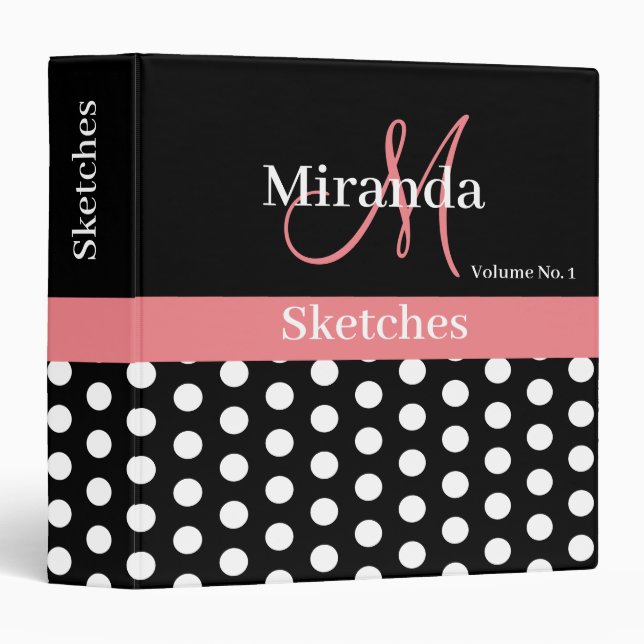 Black White Pink Monogram Script Polka Dots 3 Ring Binder (Front/Spine)
