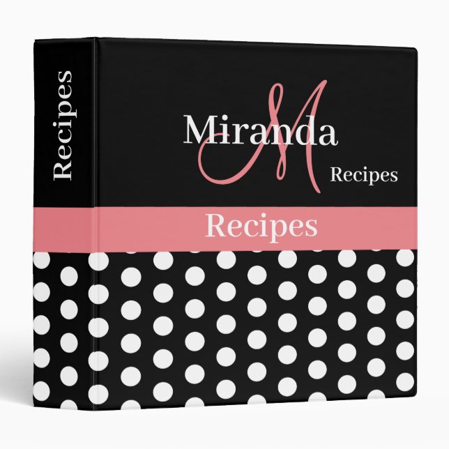 Black White Pink Monogram Script Polka Dots Binder (Front/Spine)