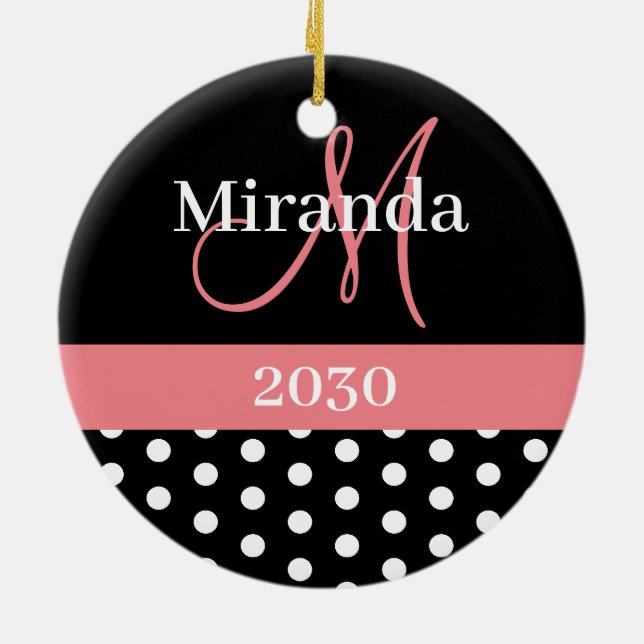 Black White Pink Monogram Script Polka Dots Ceramic Ornament (Back)