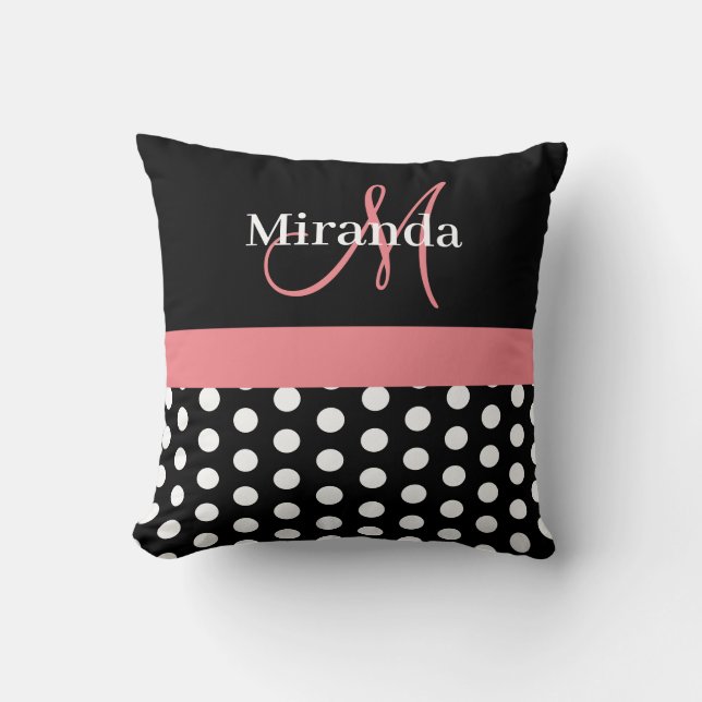 Black White Pink Monogram Script Polka Dots Throw  Pillow (Front)