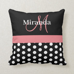 Black White Pink Monogram Script Polka Dots Throw Pillow