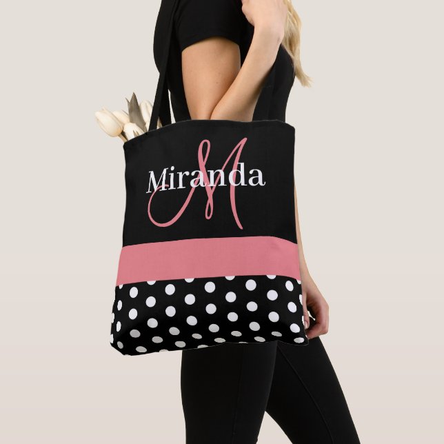 Black White Pink Monogram Script Polka Dots Tote Bag (Close Up)