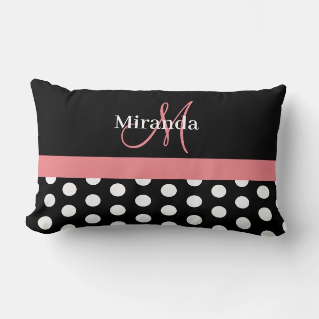 Black White Pink Monogram Script Polka Lumbar Pillow (Front)
