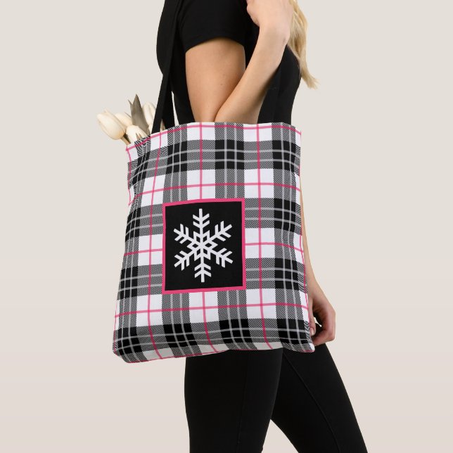 Black, White, Pink Plaid with Snowflake Tote Bag (Close Up)