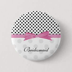 Black, white, pink polka dot Wedding Bridesmaid 2 Inch Round Button