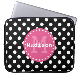 Black White Pink Polka Dots Monogram Laptop Sleeve