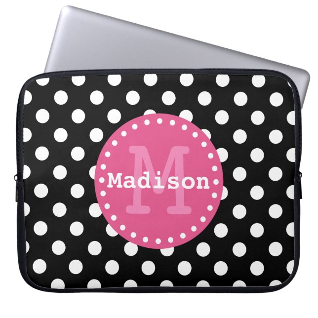 Black White Pink Polka Dots Monogram Laptop Sleeve (Front)