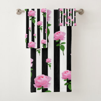 Black White Pink Rose Flower Stripes Lines Bath Towel Set