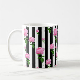 Black White Pink Rose Flower Stripes Lines Coffee Mug