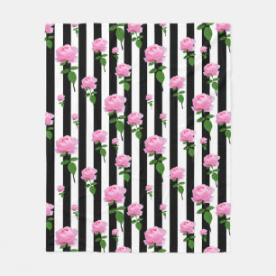 Black White Pink Rose Flower Stripes Lines Fleece Blanket
