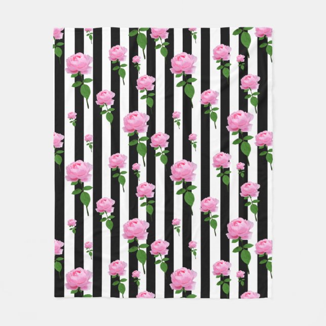 Black White Pink Rose Flower Stripes Lines Fleece Blanket (Front)