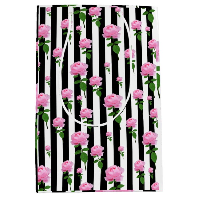 Black White Pink Rose Flower Stripes Lines Medium Gift Bag (Front)