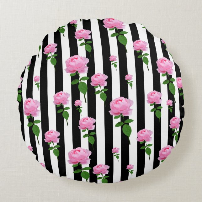 Black White Pink Rose Flower Stripes Lines Round Pillow (Front)