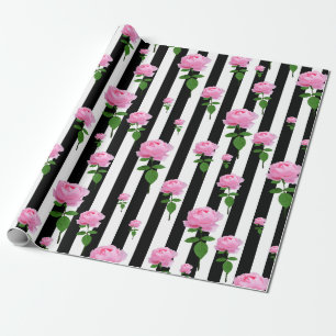 Black White Pink Rose Flower Stripes Lines Wrapping Paper