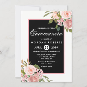 Black White Pink Rose Gold Flowers Quinceanera Invitation