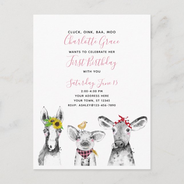 Black White Pink Script Farm Birthday Invitation Postcard (Front)