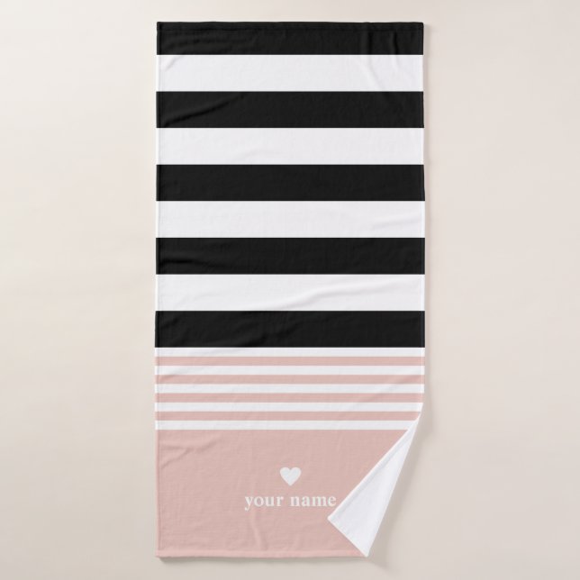 Black, White & Pink Striped Personalized Bath Towel Set (Bath Towel)