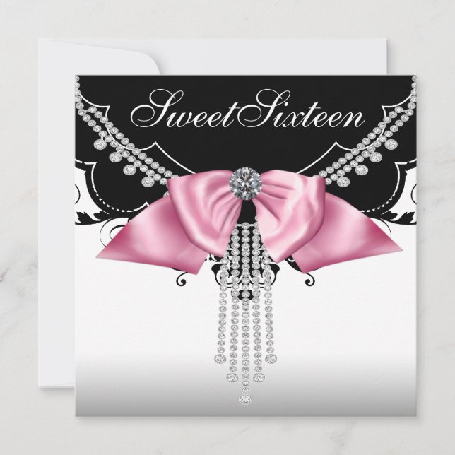 Black White Pink Sweet Sixteen Party Invitations (Front)