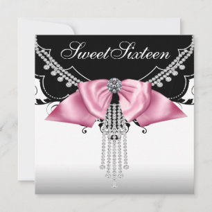 Black White Pink Sweet Sixteen Party Invitations