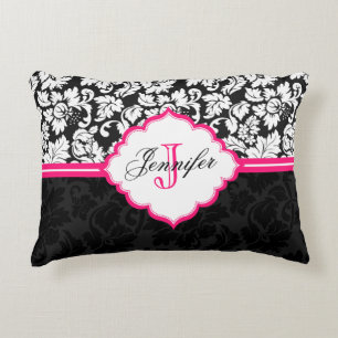 Black White & Pink Vintage Floral Damasks Accent Pillow