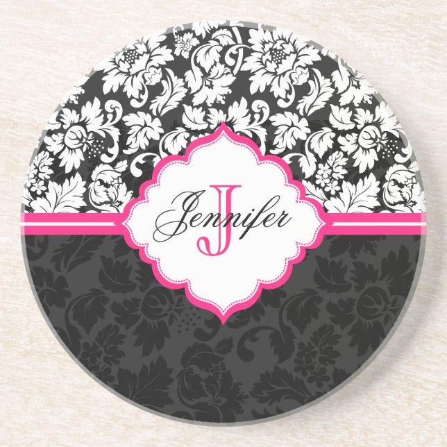 Black White & Pink Vintage Floral Damasks Coaster (Front)