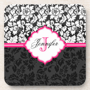 Black White & Pink Vintage Floral Damasks Coaster