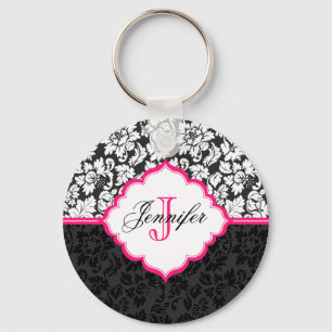 Black White & Pink Vintage Floral Damasks Keychain
