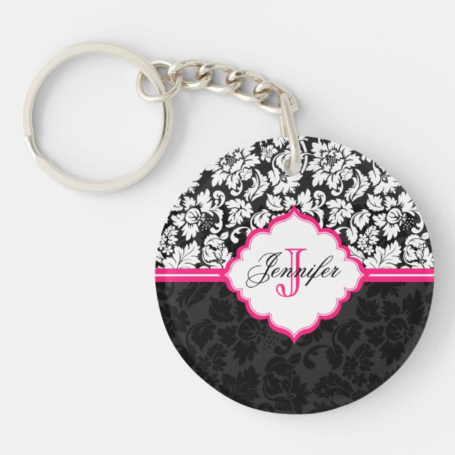 Black White & Pink Vintage Floral Damasks Keychain (Front)