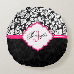 Black White & Pink Vintage Floral Damasks Round Pillow