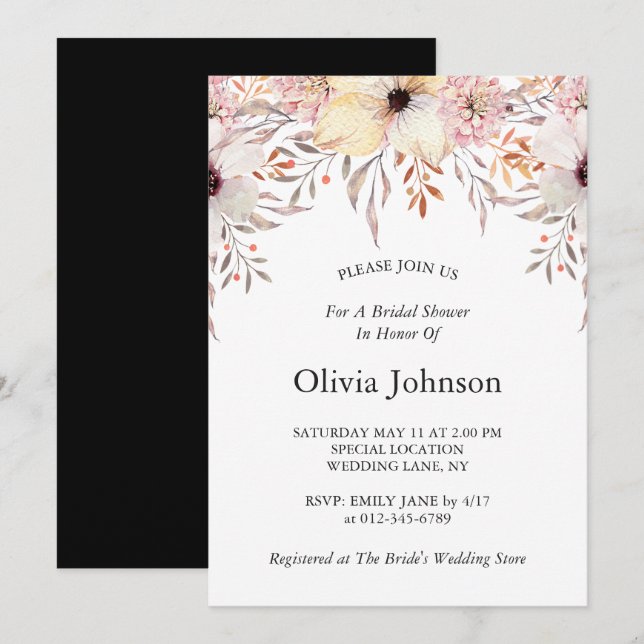 Black White Pink Watercolor Floral Bridal Shower Invitation (Front/Back)