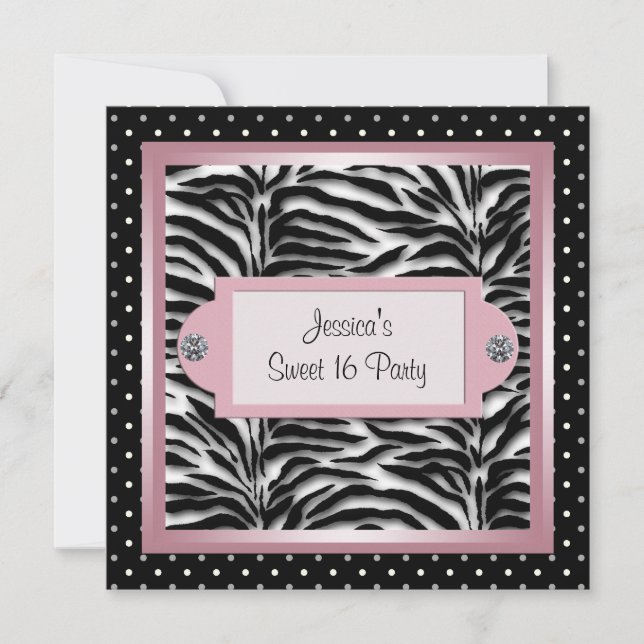 Black White Pink Zebra Sweet 16 Birthday Party Invitation (Front)