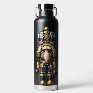 BLACK & WHITE PLAID & GOLD NUTCRACKER DOLL WATER BOTTLE